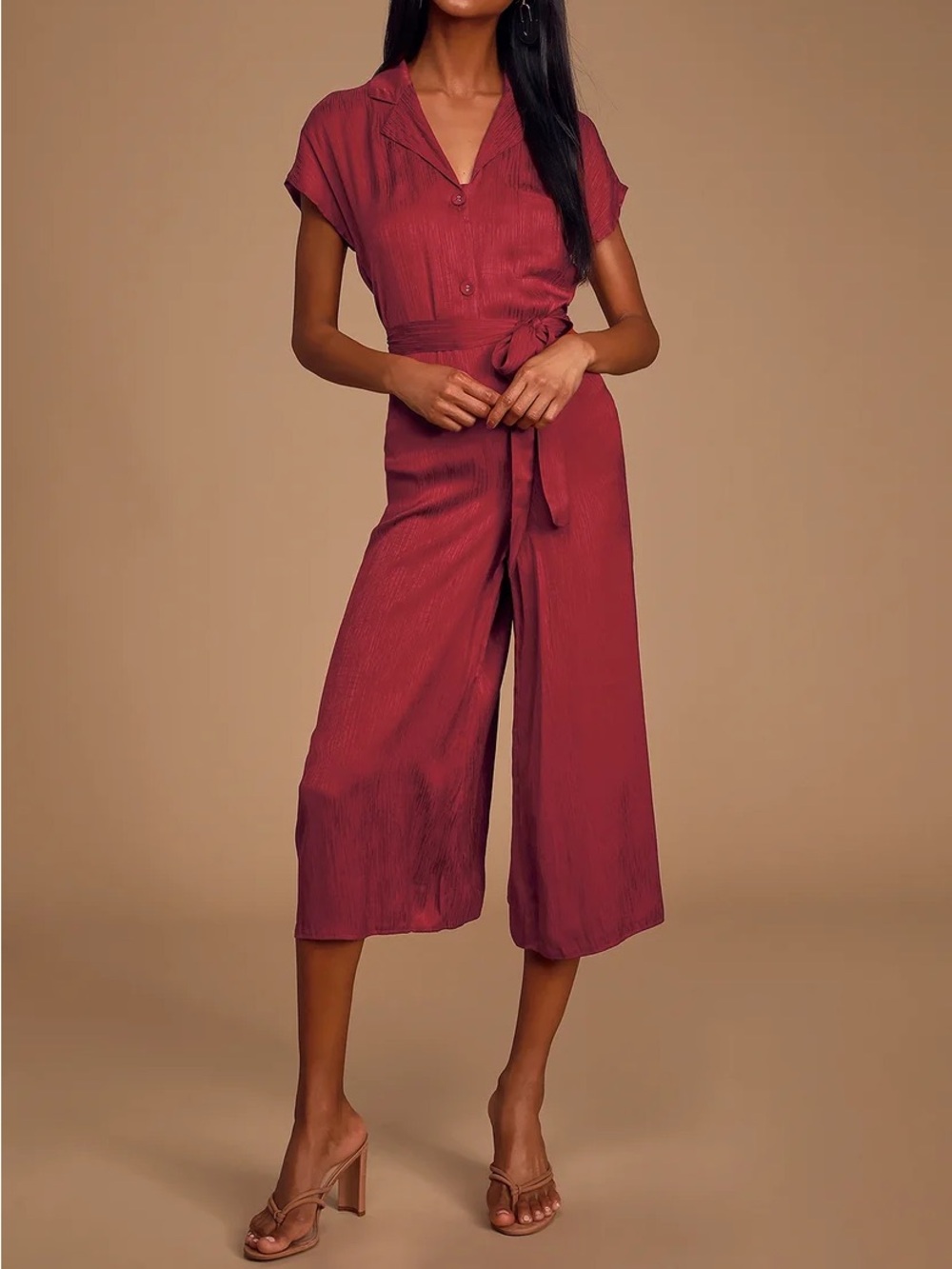 NWT Little Lies Lulus Jumpsuit Maroon Red Satin Crop Wide Leg Tie Small New